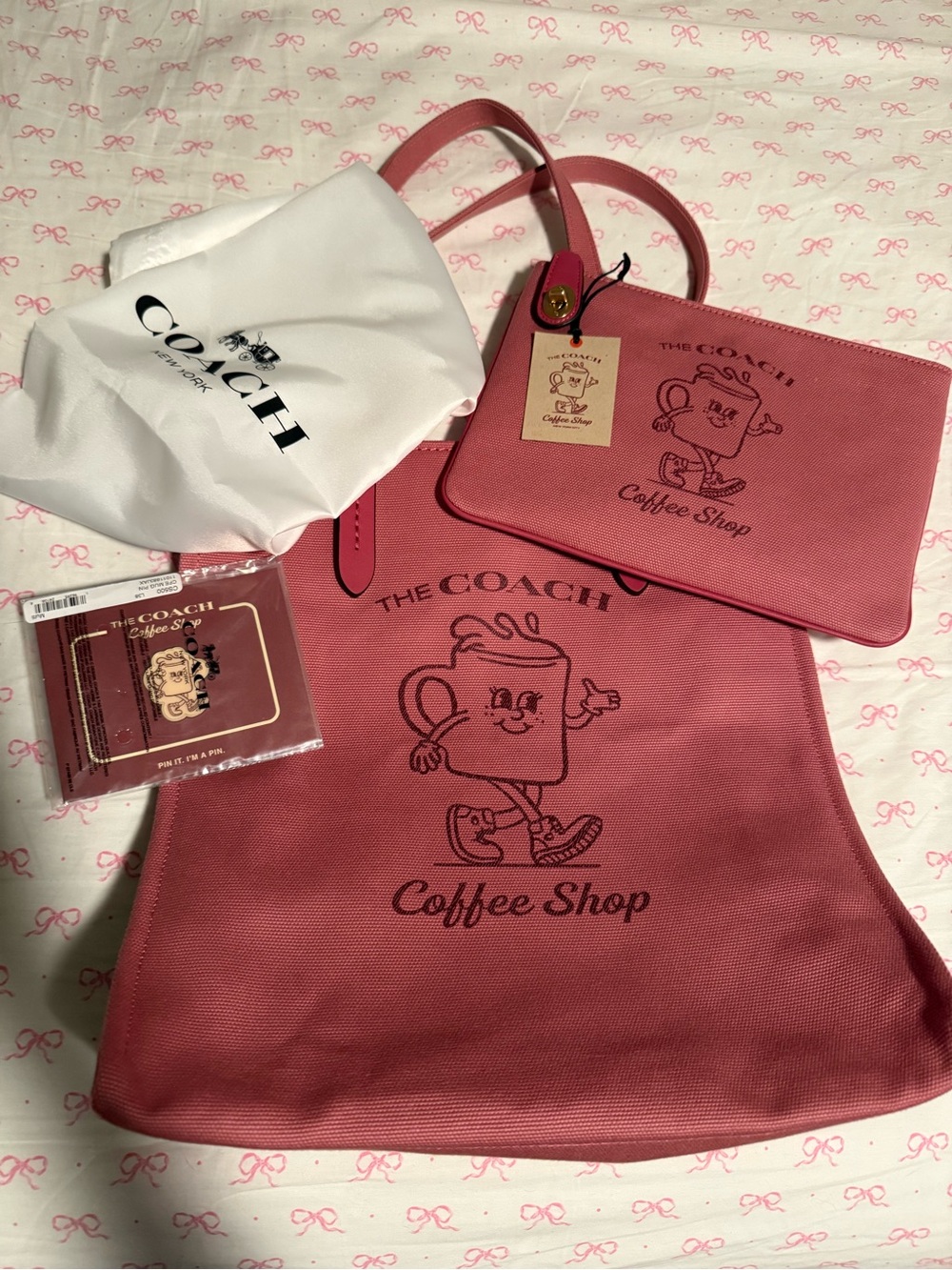 Coach Pink 'Coffee Shop' Tote with Matching Wristlet and Pouch